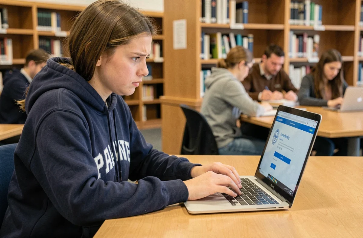 Étudiante connectée à son espace numérique de travail ENT sur un ordinateur portable dans une bibliothèque universitaire