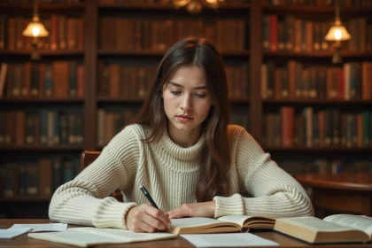 Étudiante en train d'analyser des recueils de poésie pour rédiger une dissertation littéraire dans une bibliothèque universitaire
