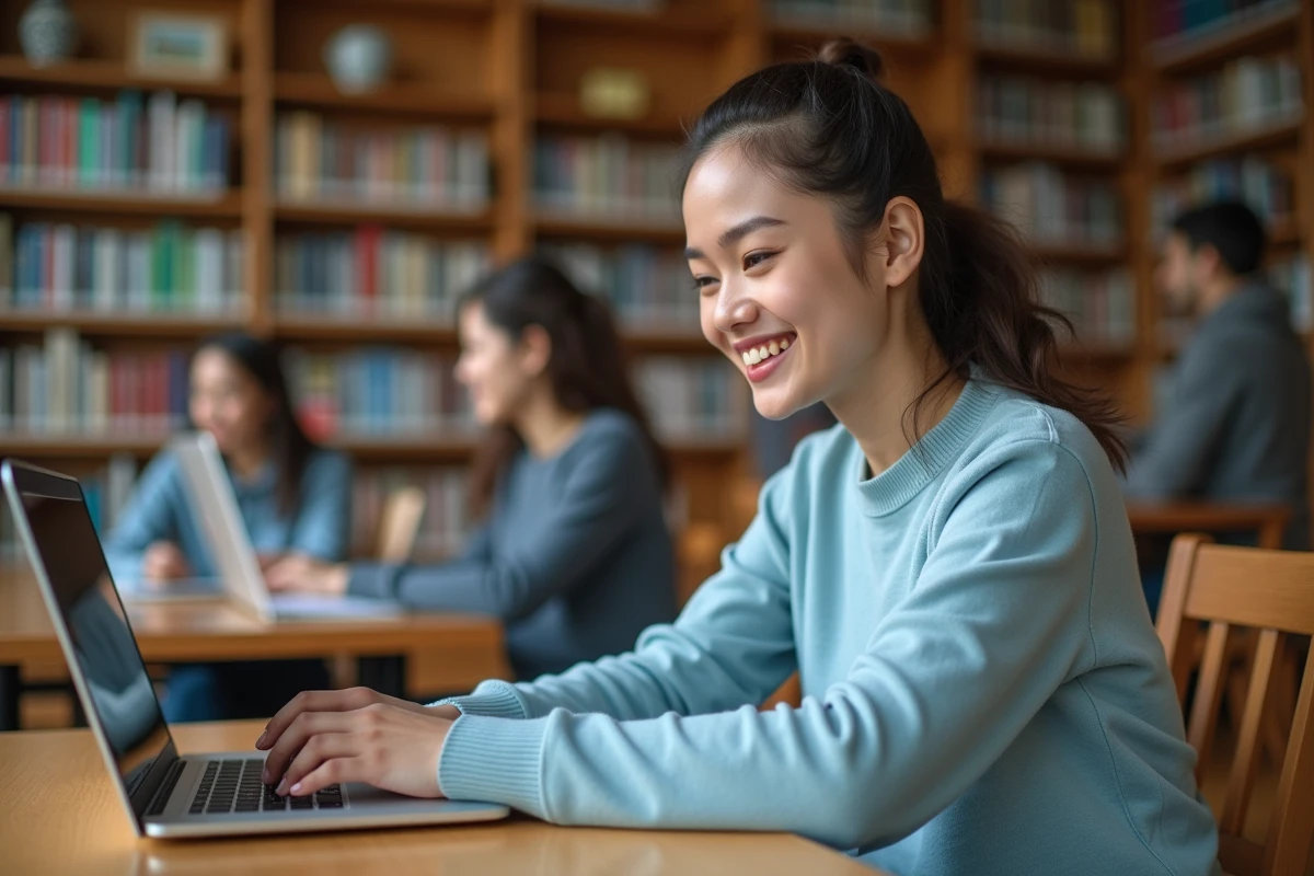 Étudiante utilisant l'ENT du Mirail sur son ordinateur portable dans une bibliothèque universitaire