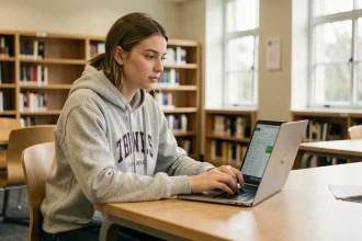 Étudiante consultant l'ENT UPHF sur un ordinateur portable dans une bibliothèque universitaire en 2026