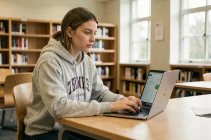 Étudiante consultant l'ENT UPHF sur un ordinateur portable dans une bibliothèque universitaire en 2026