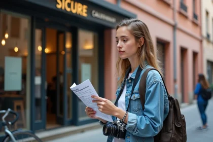 Jeune étudiante devant l'entrée d'une école de photographie à Toulouse tenant une brochure d'admission après le bac