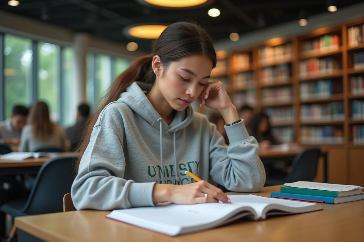 Étudiante consultant une fiche métier dans une bibliothèque universitaire moderne