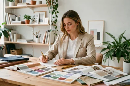 Étudiante en décoration intérieure travaillant sur des échantillons de couleurs et de matières dans un studio moderne, illustrant une formation en ligne en design d'intérieur