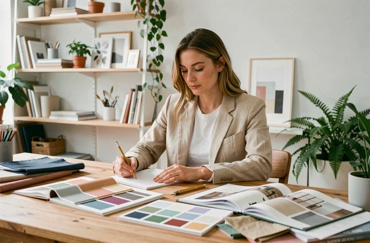 Étudiante en décoration intérieure travaillant sur des échantillons de couleurs et de matières dans un studio moderne, illustrant une formation en ligne en design d'intérieur