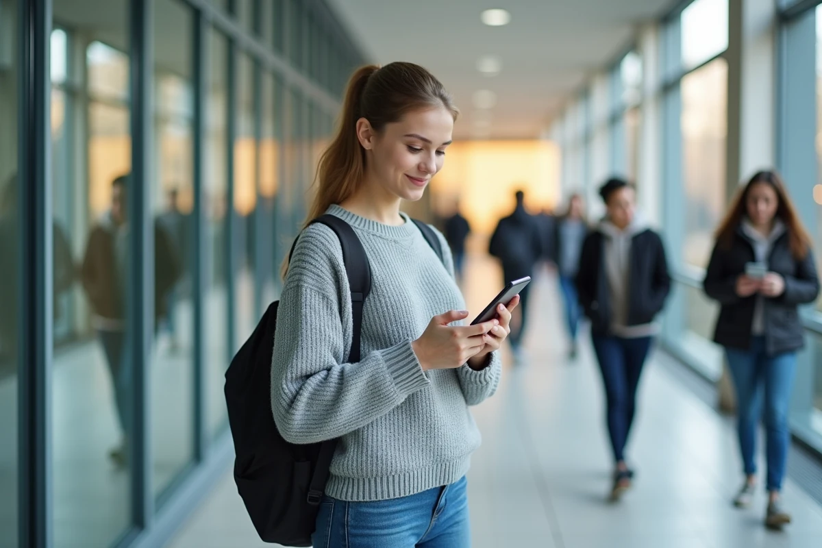 Étudiante consultant le portail ENT de l'université d'Angers sur smartphone dans un couloir universitaire