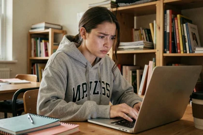 Étudiante devant son ordinateur portable tentant de récupérer ses identifiants de messagerie universitaire