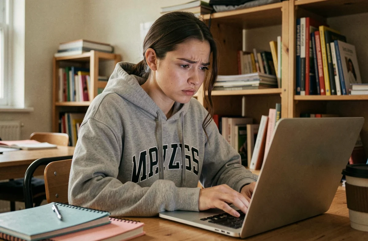Étudiante devant son ordinateur portable tentant de récupérer ses identifiants de messagerie universitaire