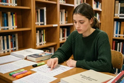 Jeune femme étudiant un tableau de déclinaison allemand dans une bibliothèque universitaire