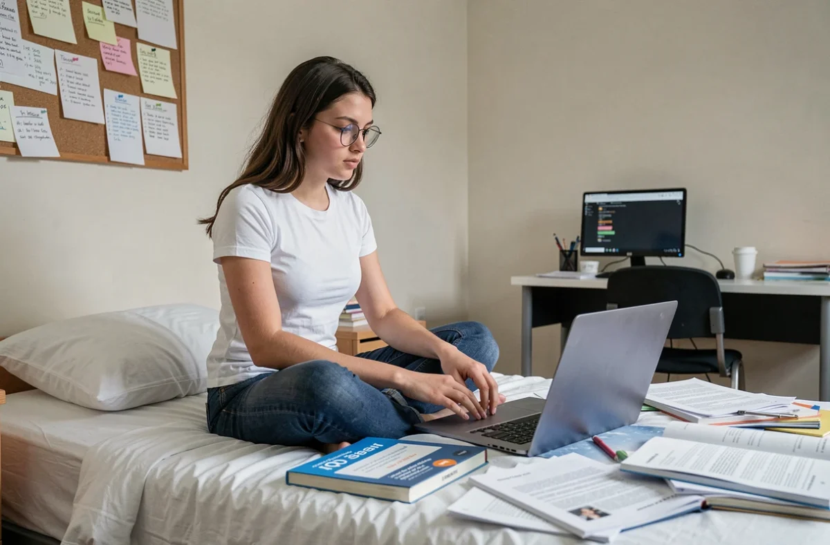 Étudiante passant un test de QI en ligne fiable sur son lit dans une chambre universitaire