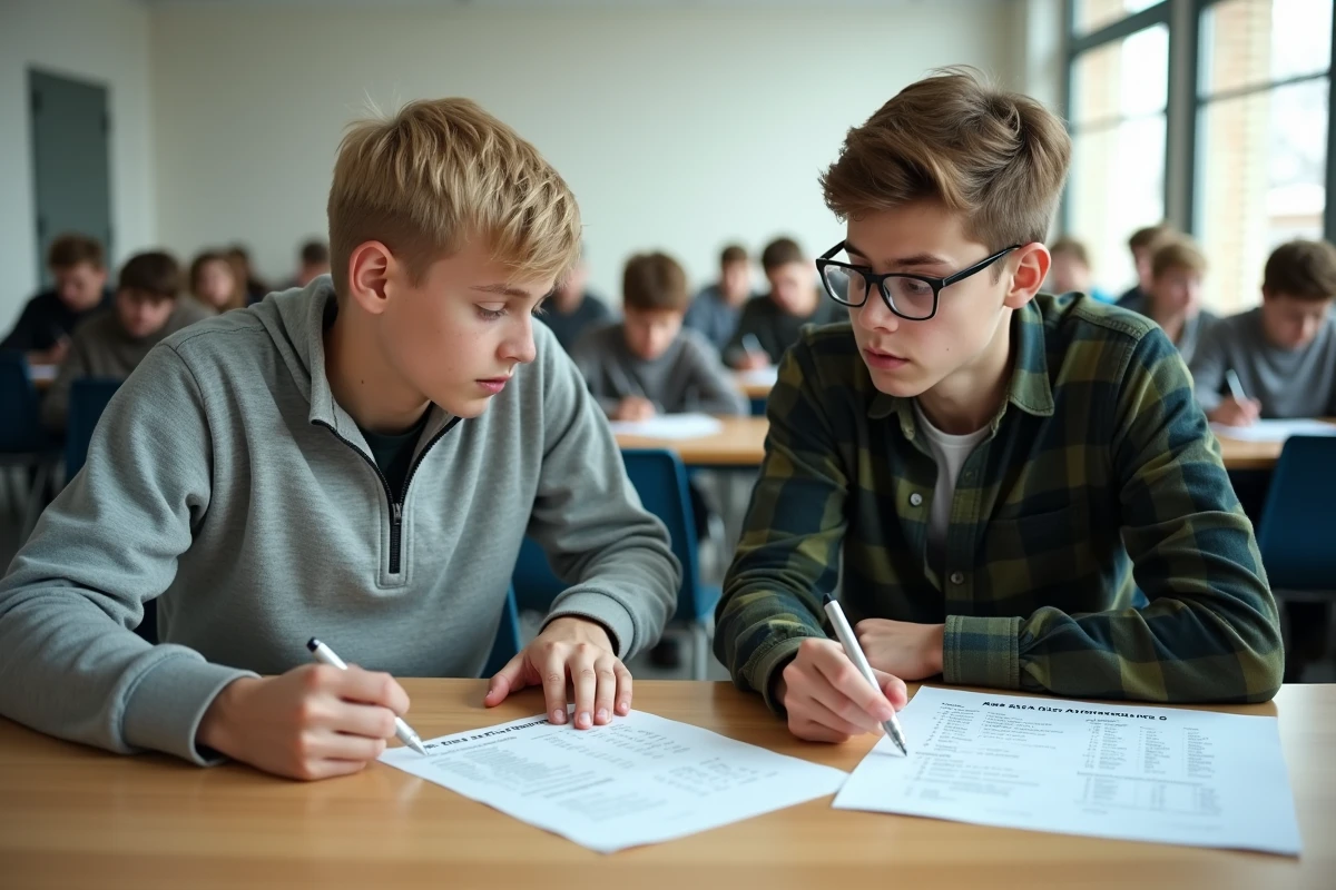 Deux lycéens en terminale comparant leurs choix de spécialités scientifiques pour le bac dans la cafétéria du lycée