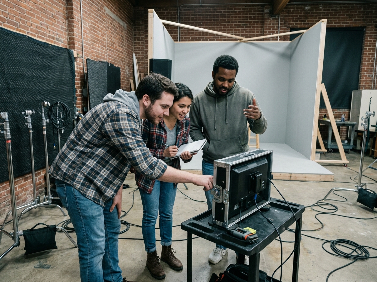 Étudiants en cinéma analysant ensemble des rushes sur un moniteur dans un studio de tournage