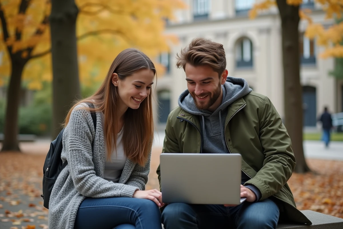Deux étudiants travaillant ensemble sur l'ENT du Mirail en extérieur sur le campus en automne