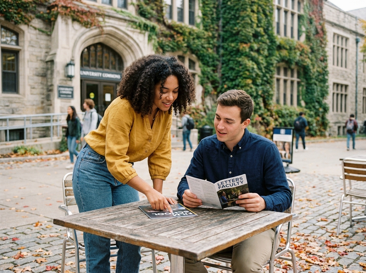 Deux étudiants comparant des brochures de formation en cinéma et en lettres à la terrasse d'un café universitaire