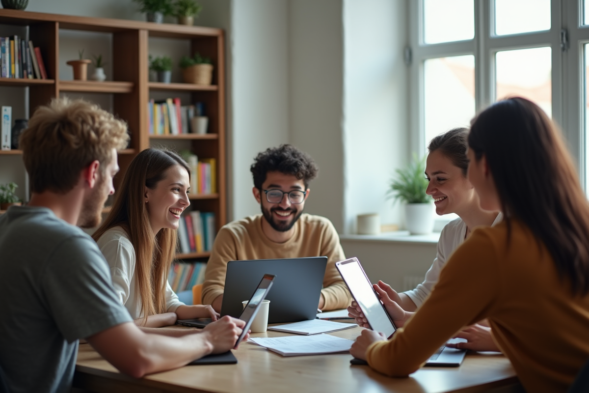 Etudiants universitaires en ligne avec ordinateurs et notes