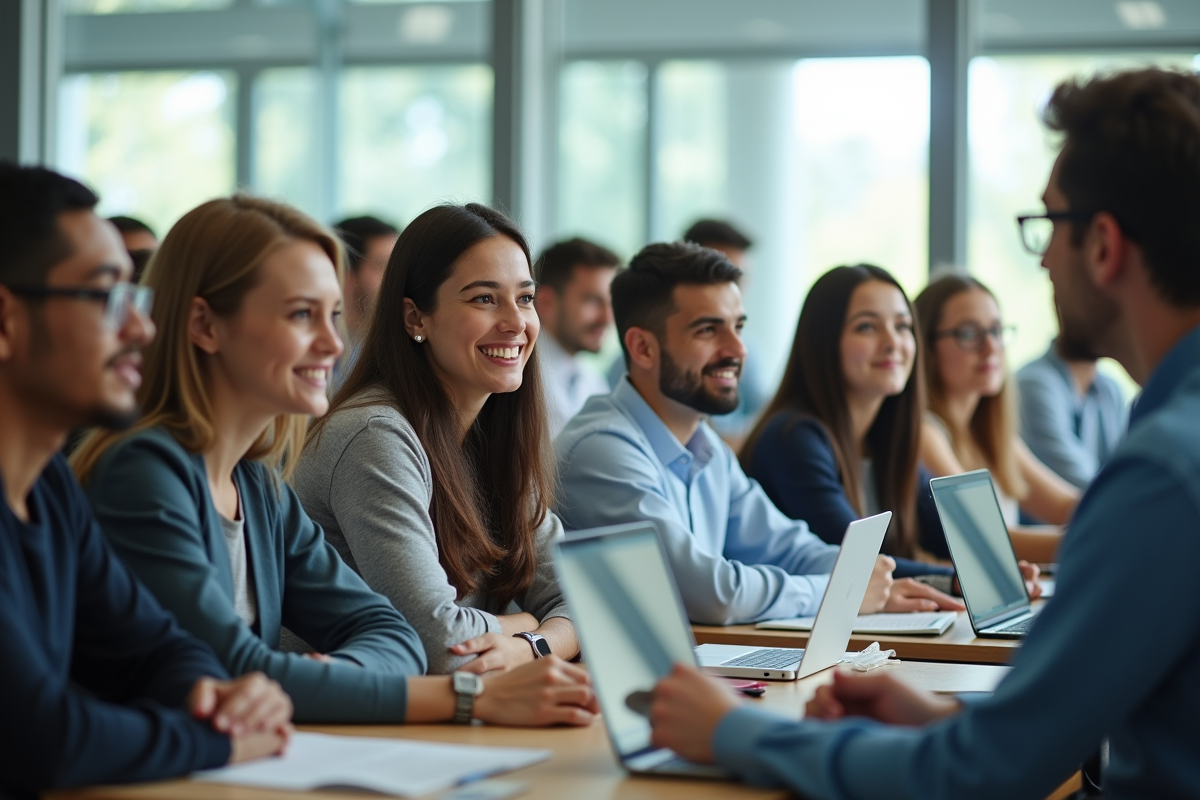 Groupe d'étudiants en cours dans une université moderne