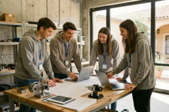 Étudiants en école d'ingénieurs à Marseille travaillant sur des projets techniques dans un laboratoire universitaire des Bouches-du-Rhône