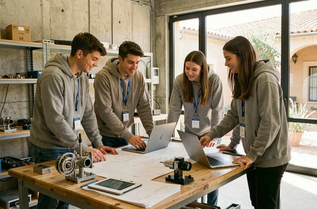 Étudiants en école d'ingénieurs à Marseille travaillant sur des projets techniques dans un laboratoire universitaire des Bouches-du-Rhône