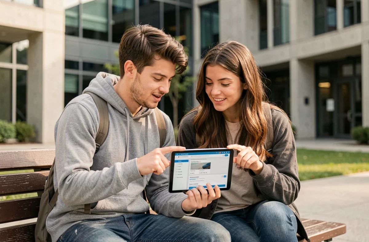 Deux étudiants explorant les nouvelles fonctionnalités de l'ENT UPHF sur une tablette dans la cour du campus
