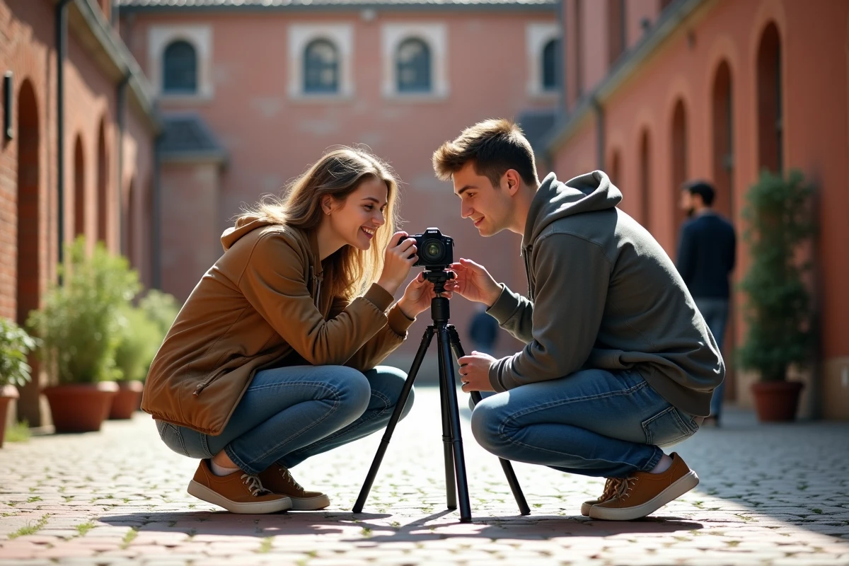 Deux jeunes étudiants en train de cadrer une photo dans la cour d'une école de photographie à Toulouse