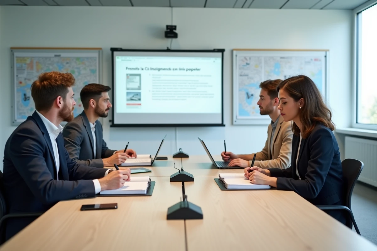 Groupe d'étudiants adultes en formation professionnelle dans une salle de cours moderne avec supports pédagogiques aéronautiques