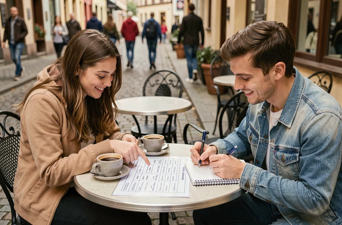 Deux étudiants révisant ensemble un tableau de déclinaison allemand en terrasse de café