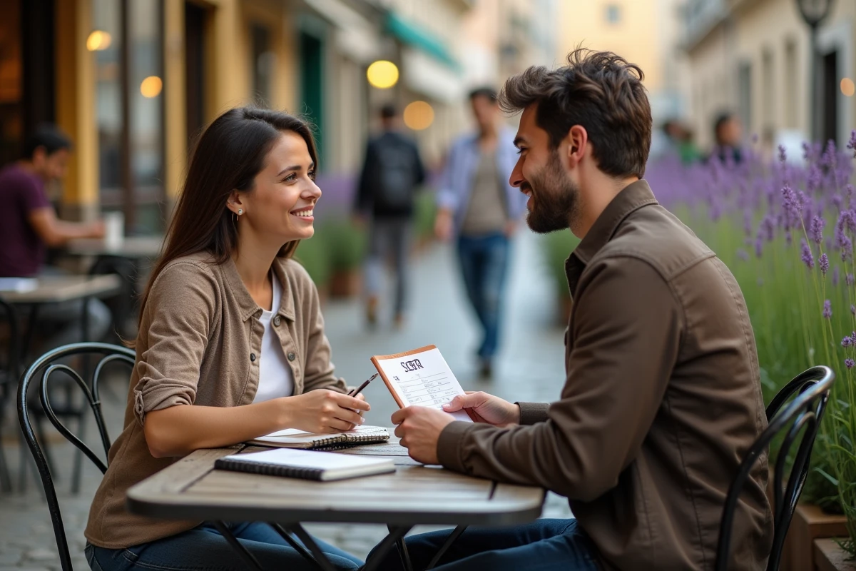 Deux étudiants universitaires révisant ensemble la différence entre SER et ESTAR en espagnol avec des fiches et un cahier dans un café en terrasse