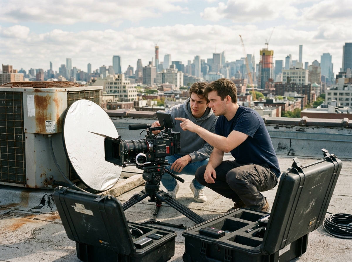 Deux étudiants en cinéma travaillant ensemble sur un tournage en extérieur sur un toit urbain