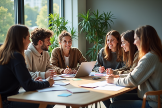 Groupe d'étudiants universitaires en discussion collaborative