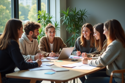 Groupe d'étudiants universitaires en discussion collaborative