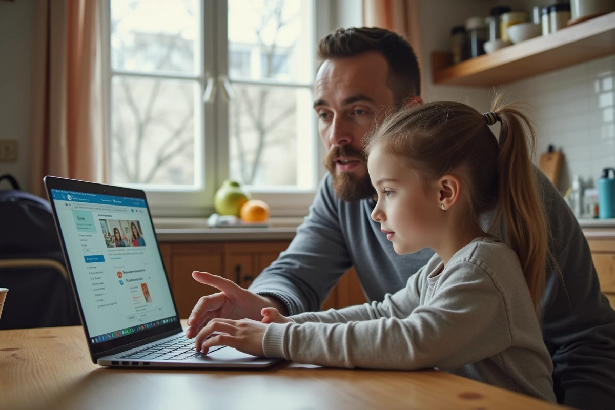 Père et fille consultant la plateforme numérique scolaire parisienne à la maison