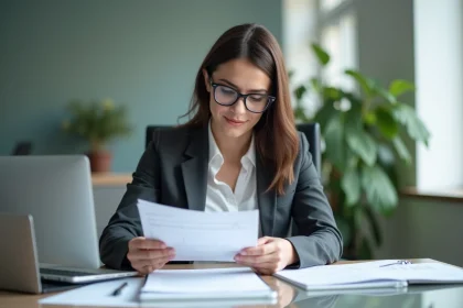 Femme d'affaires concentrée avec documents au bureau