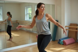 Femme adulte apprenant les pas de base de la danse Madison dans un studio de danse avec parquet en bois et miroirs muraux