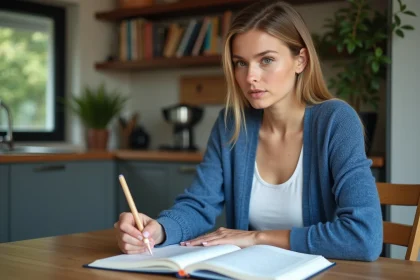 Femme concentr&eacute;e &eacute;tudiant un manuel d'espagnol &agrave; la maison