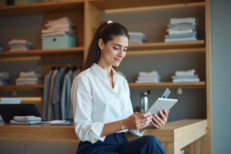 Jeune femme en boutique regardant ses ventes digitales