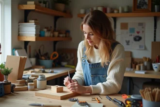 Femme en atelier bricolage assise à son établi