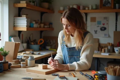 Femme en atelier bricolage assise &agrave; son &eacute;tabli