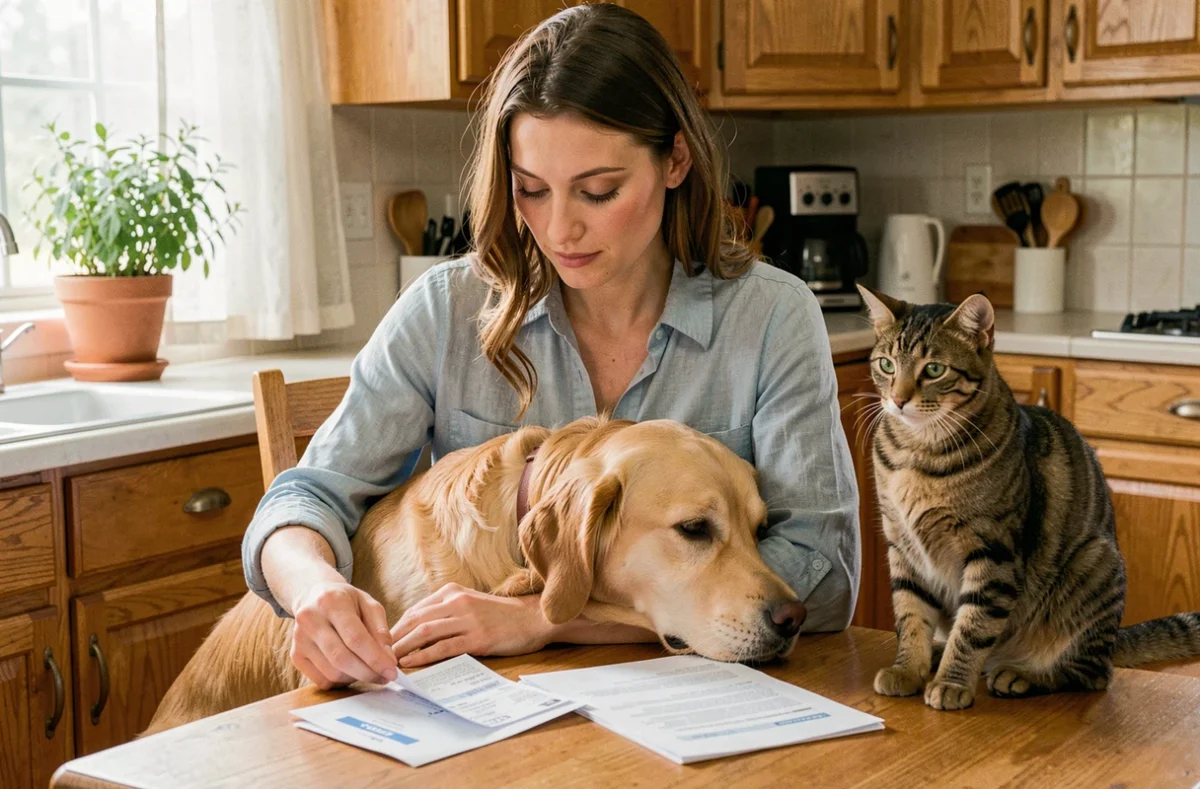 Femme consultant des documents de budget ACACED avec son chien golden retriever et son chat tigré dans une cuisine chaleureuse