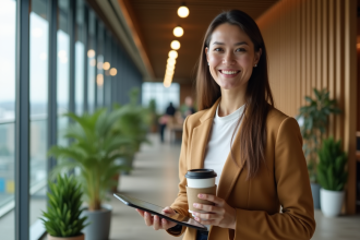 Femme souriante avec tasse réutilisable dans un bureau moderne