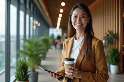 Femme souriante avec tasse r&eacute;utilisable dans un bureau moderne
