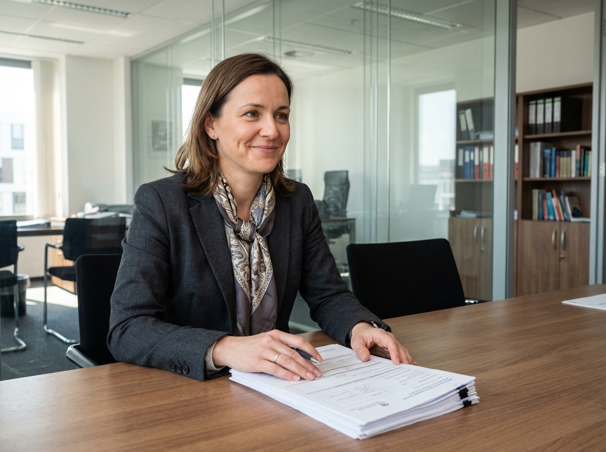Femme d'affaires souriante au bureau en pleine transition