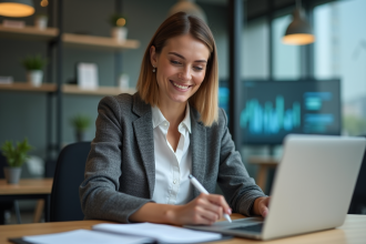 Femme en réunion au bureau avec ordinateur portable