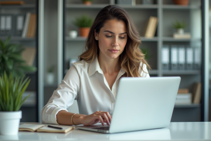 Femme en bureau travaillant sur un ordinateur portable