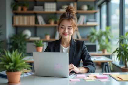 Femme en blazer organise notes colorées sur un ordinateur