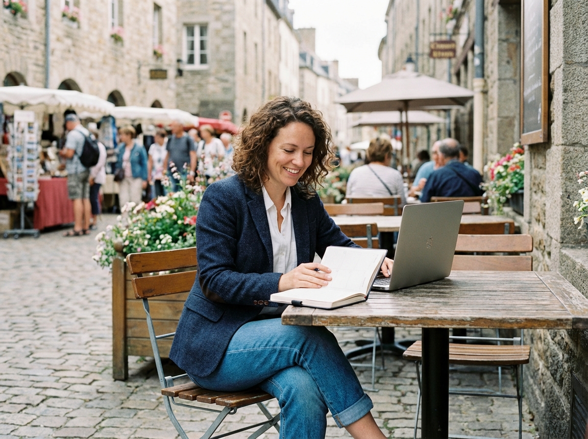 Femme souriante avec ordinateur dans un café européen
