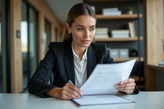 Femme confiante en bureau moderne pour article sur carrière