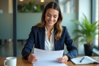 Femme confiante en tailleur bleu dans un bureau moderne