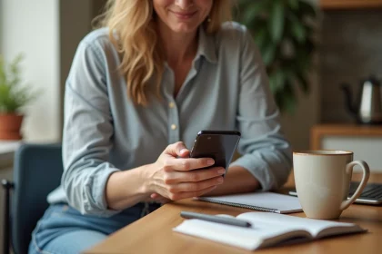Femme utilisant son smartphone pour se connecter à MÈTIS AFPA à la maison