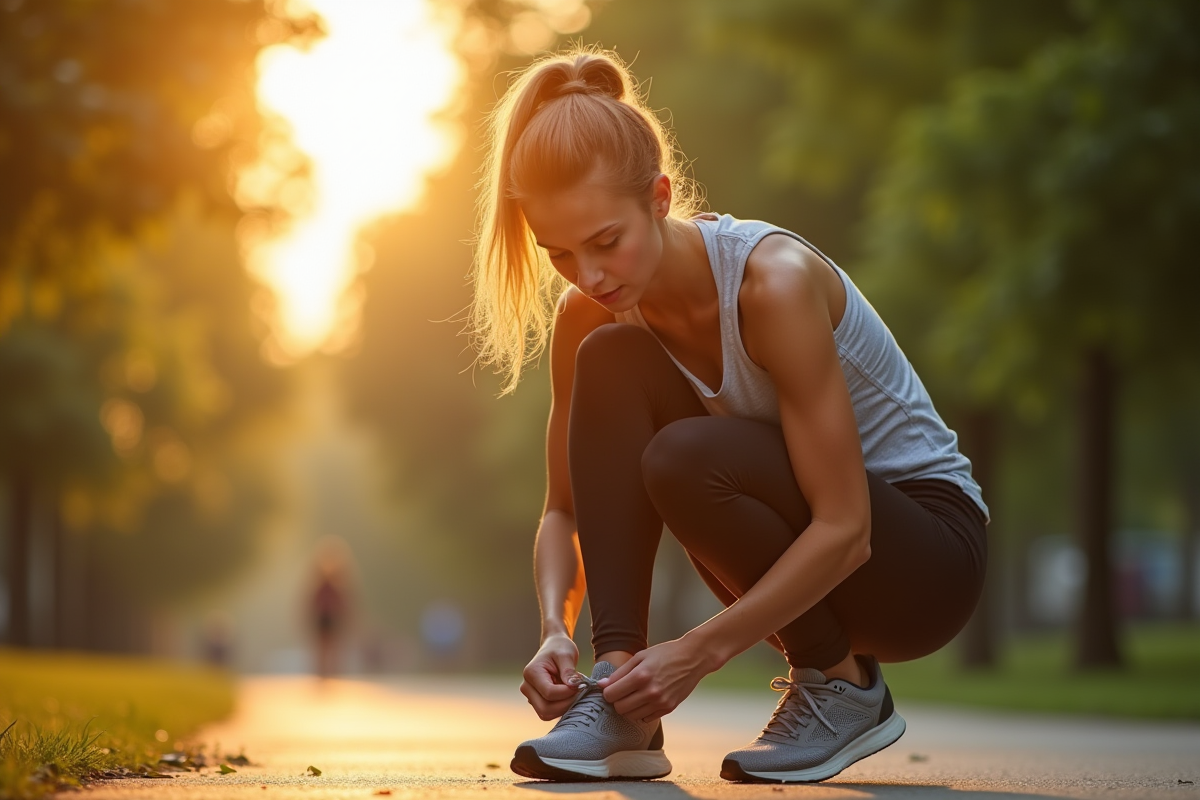 Jeune femme attachant ses chaussures de course au lever du soleil