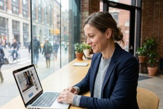Femme en coworking souriante regardant son ordinateur